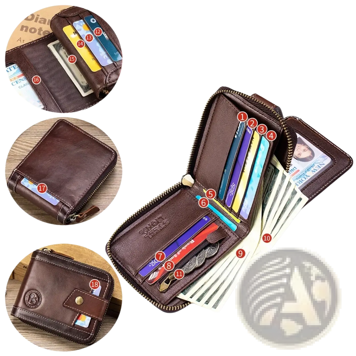 Men’s leather coin purse wallet in brown with multiple card slots, zipper coin pocket, and brass button flap closure