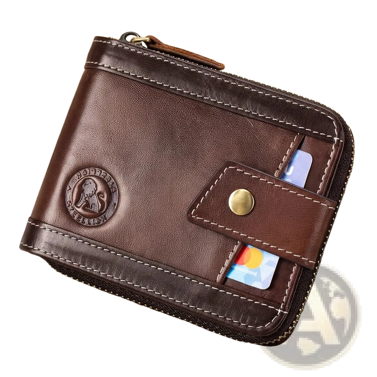 Men’s leather coin purse wallet in brown with white stitching brass button closure and embossed logo on the front