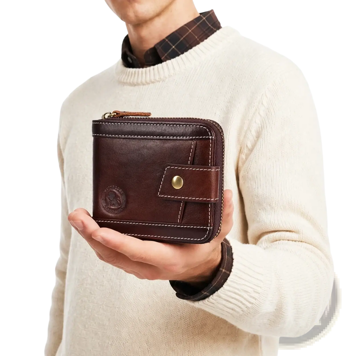Men’s leather coin purse wallet in brown with zipper closure and brass-toned snap button detail