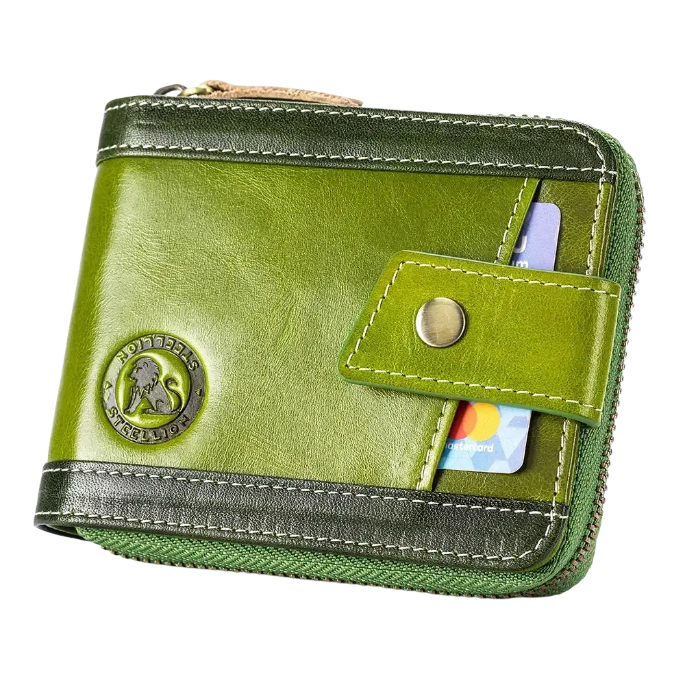 Men’s leather coin purse wallet in green leather with dark green trim and metallic lion emblem on front