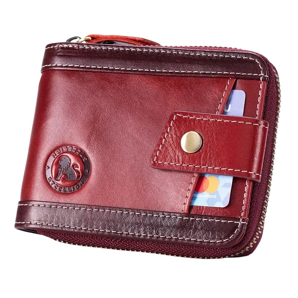 Men’s leather coin purse wallet in rich burgundy with dark brown stitching and circular embossed logo on front