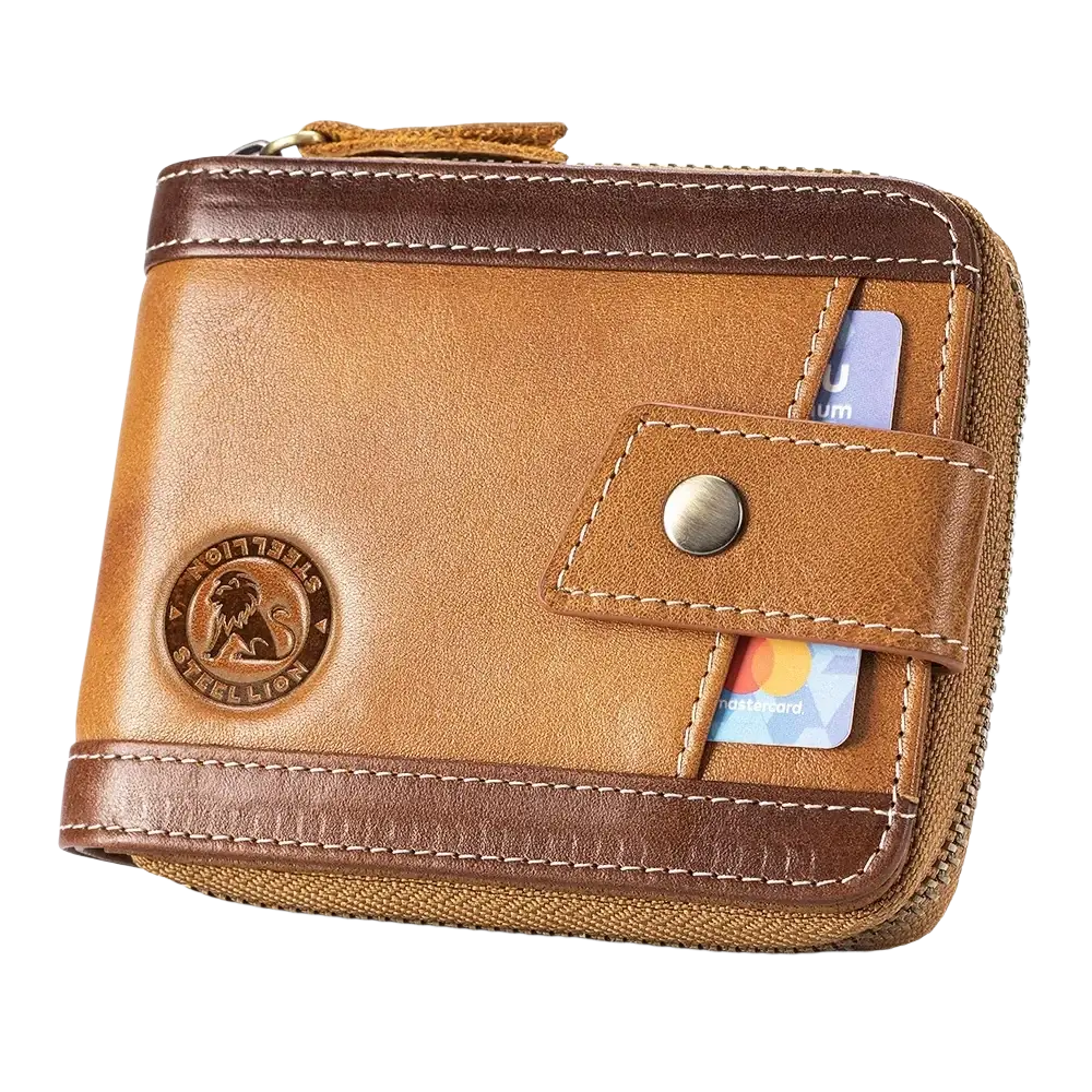 Tan leather men’s coin purse wallet with brown trim, circular lion emblem, card slots, and zipper closure