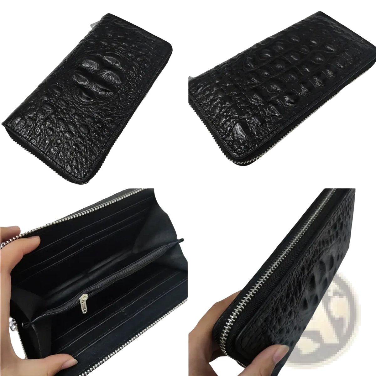 Men’s leather crocodile pattern long wallet in black crocodile leather with textured embossed design and silver-toned zipper