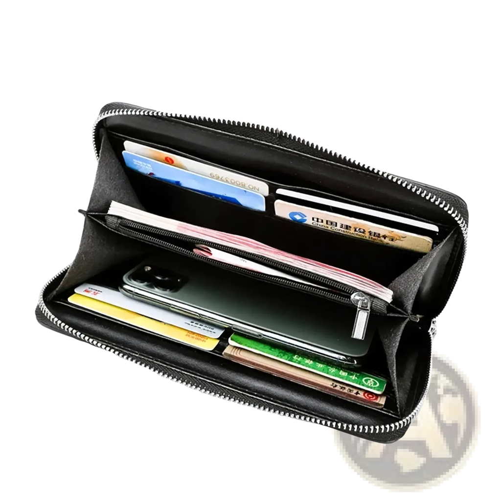 Men’s leather crocodile pattern long wallet in black with multiple card slots and central compartment for cash and phone