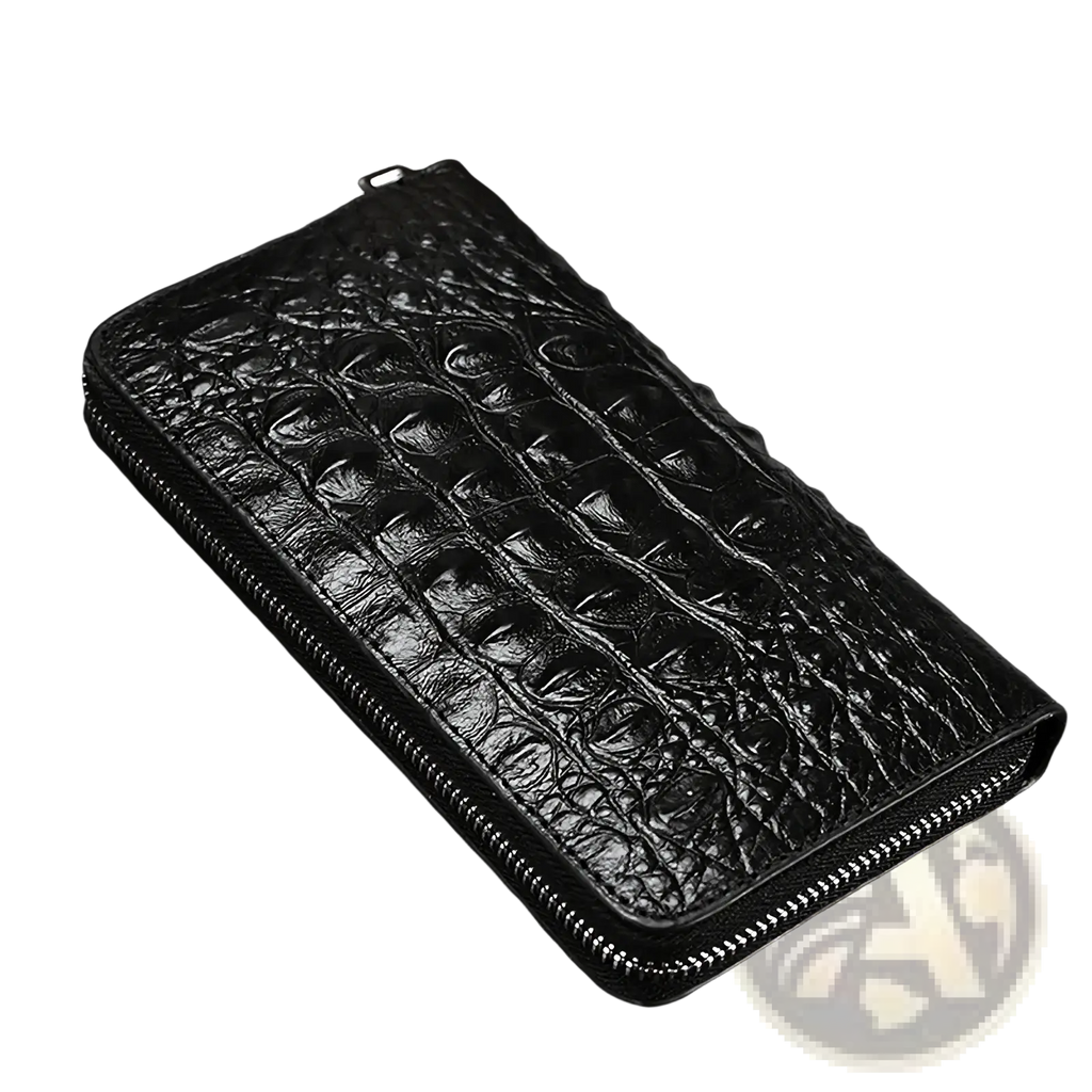 Men’s leather crocodile pattern long wallet in black with full-length zipper made from crocodile embossed leather