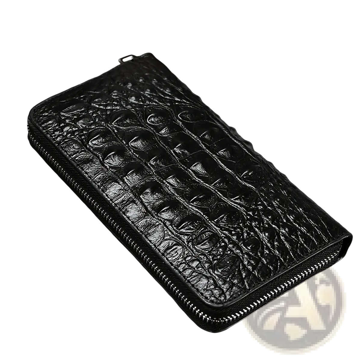 Men’s leather crocodile pattern long wallet in black with full-length zipper made from crocodile embossed leather