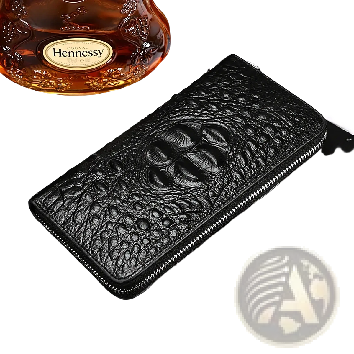 Men’s black leather crocodile pattern long wallet with zipper closure for secure storage and elegant style