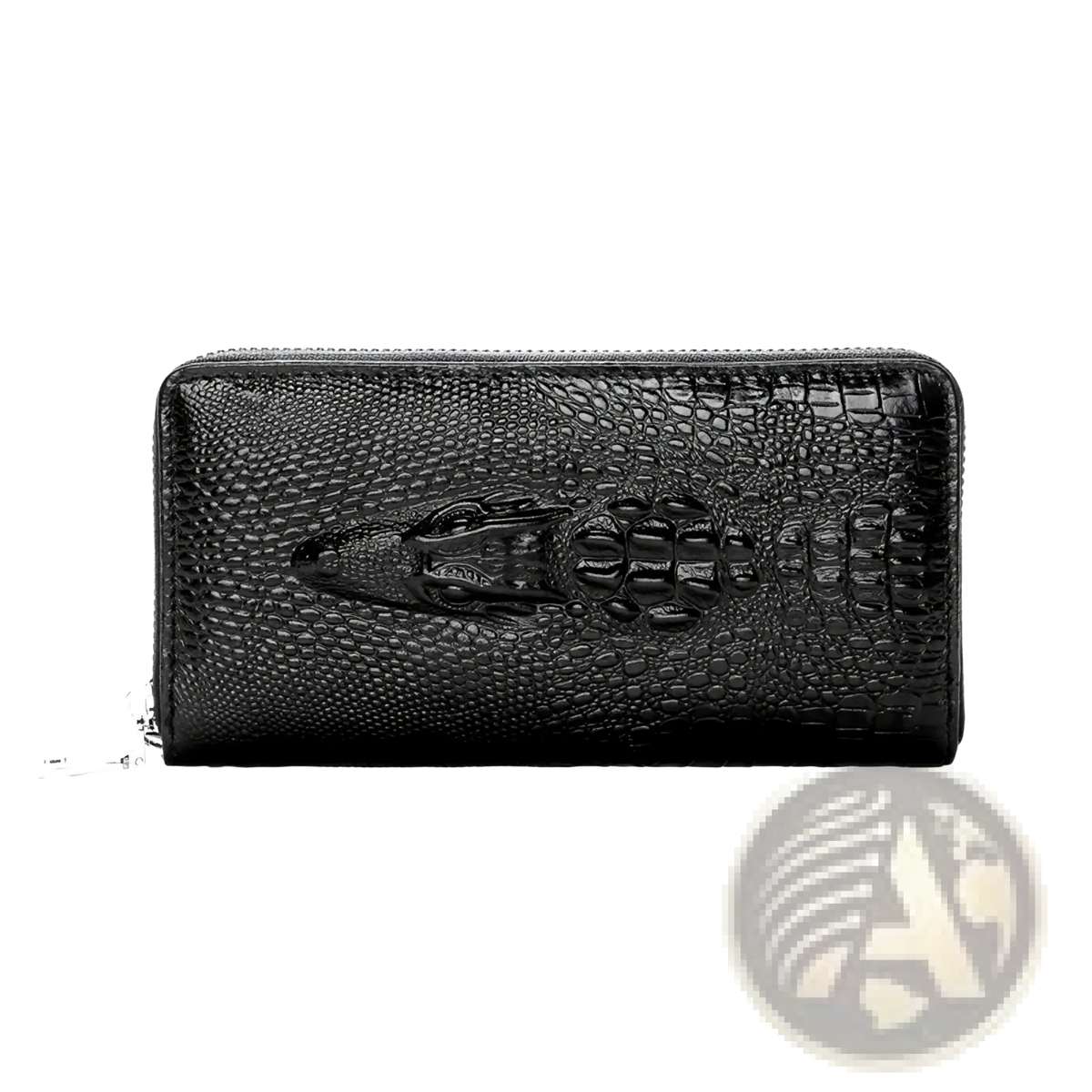Black men’s leather long wallet with crocodile pattern and raised embossed alligator head design