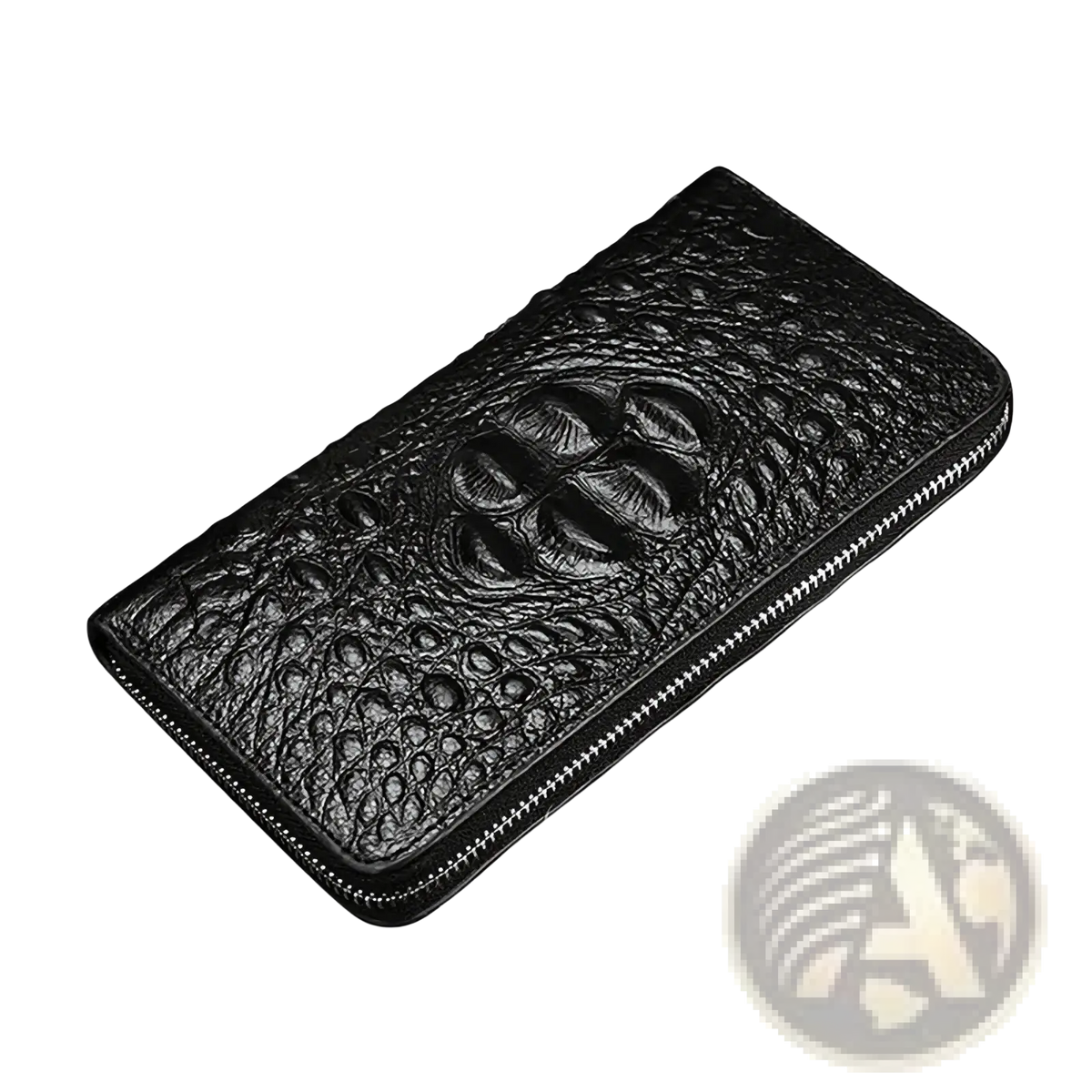Men’s black leather crocodile pattern long wallet with textured embossed design and silver zipper closure