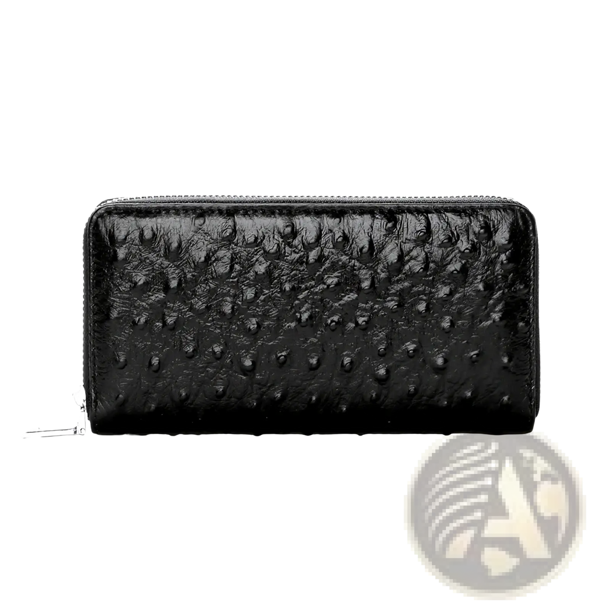 Men’s leather crocodile pattern long wallet in black ostrich leather with textured pebbled surface and silver zipper pull