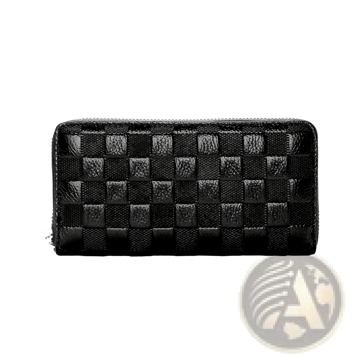 Men’s leather crocodile pattern long wallet in black with woven glossy leather and checkered design