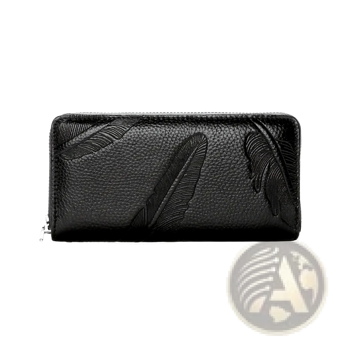 Black leather men’s long wallet with crocodile pattern, embossed feather design, and silver zipper closure