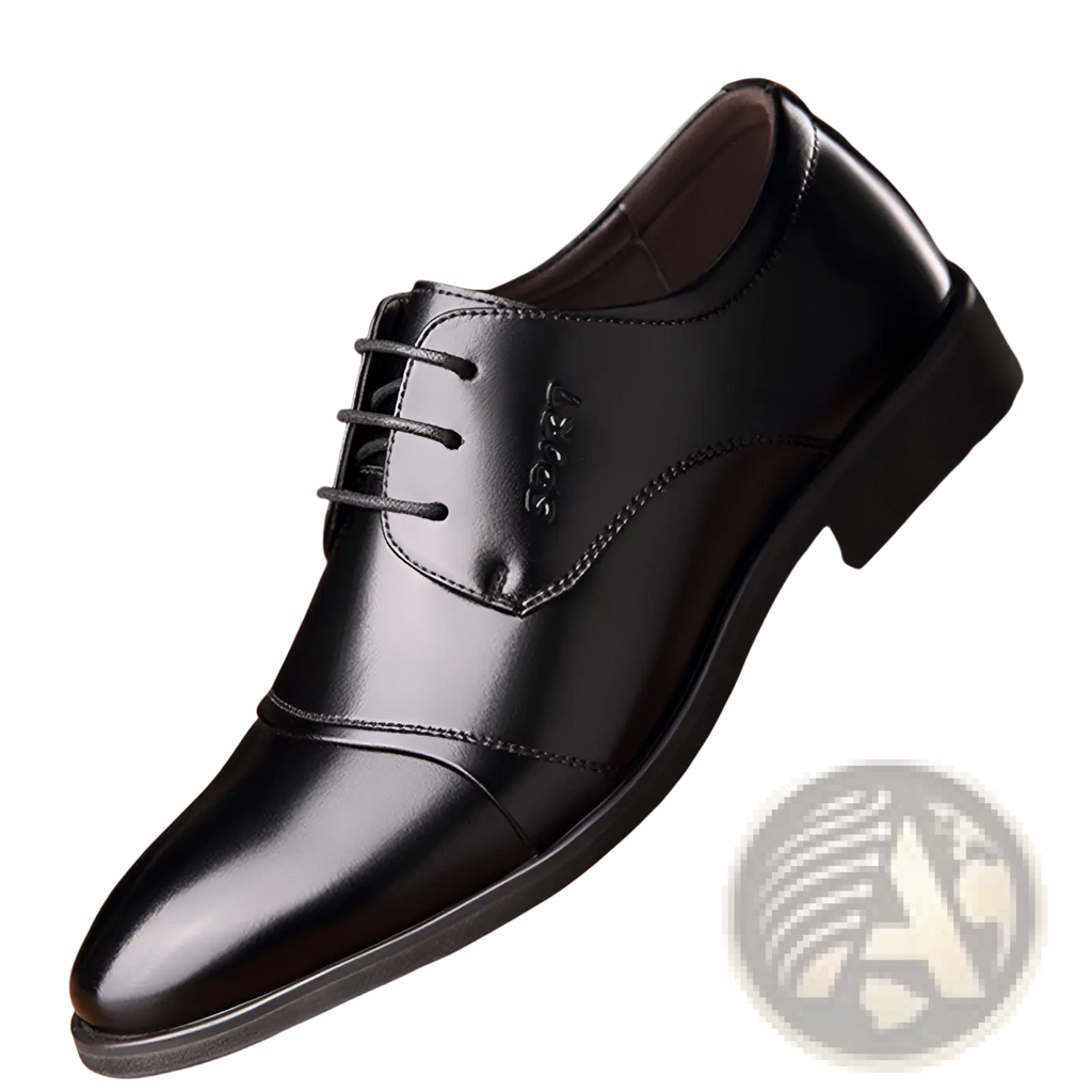 Black leather men’s dress shoe with polished finish and classic lace-up design for formal occasions