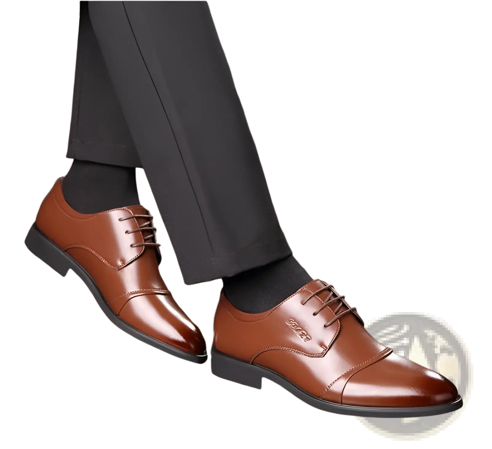 Men’s brown leather dress shoes polished lace up flats with black rubber soles for formal and business wear