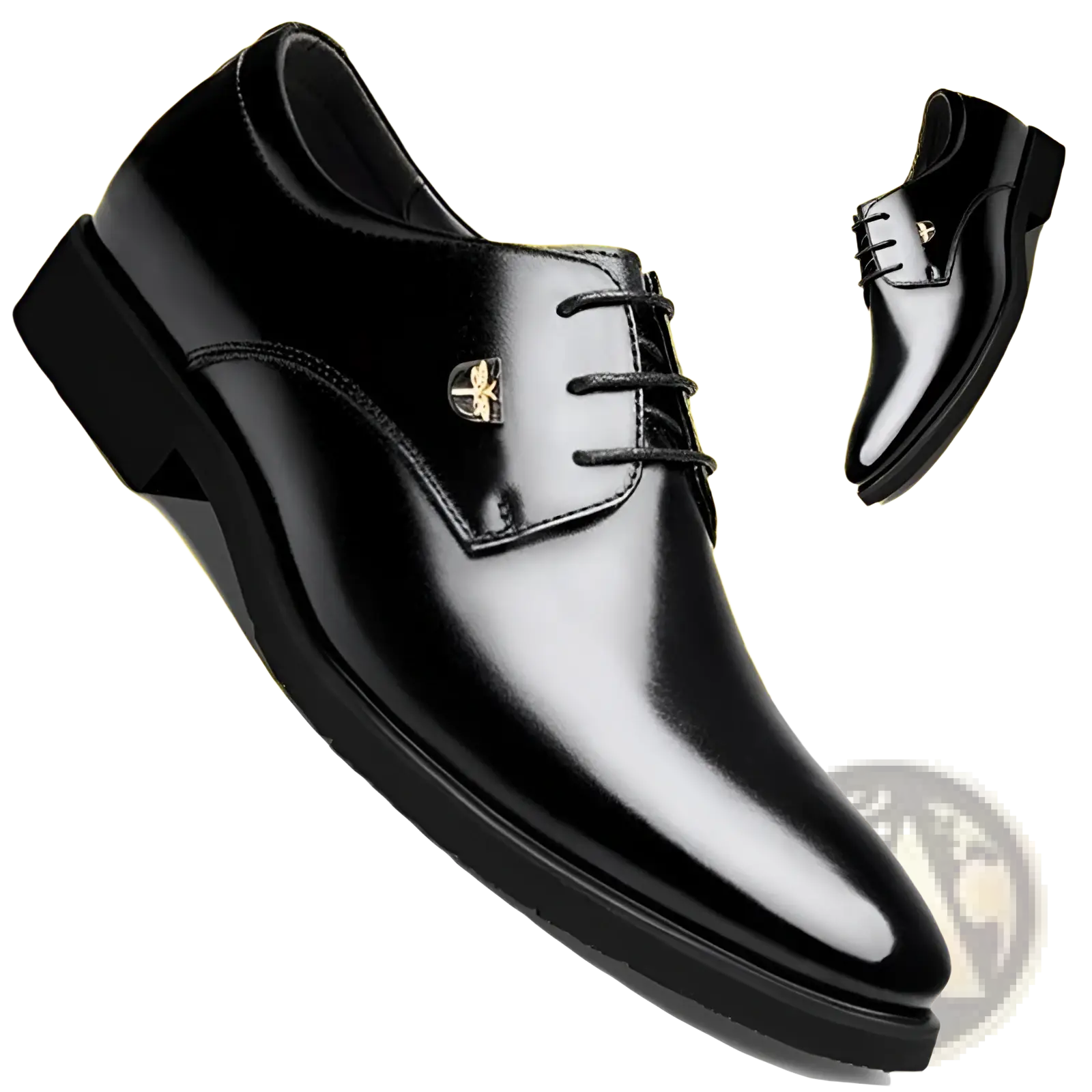 Black patent leather men’s dress shoe with lace-up design and gold-toned emblem on the side