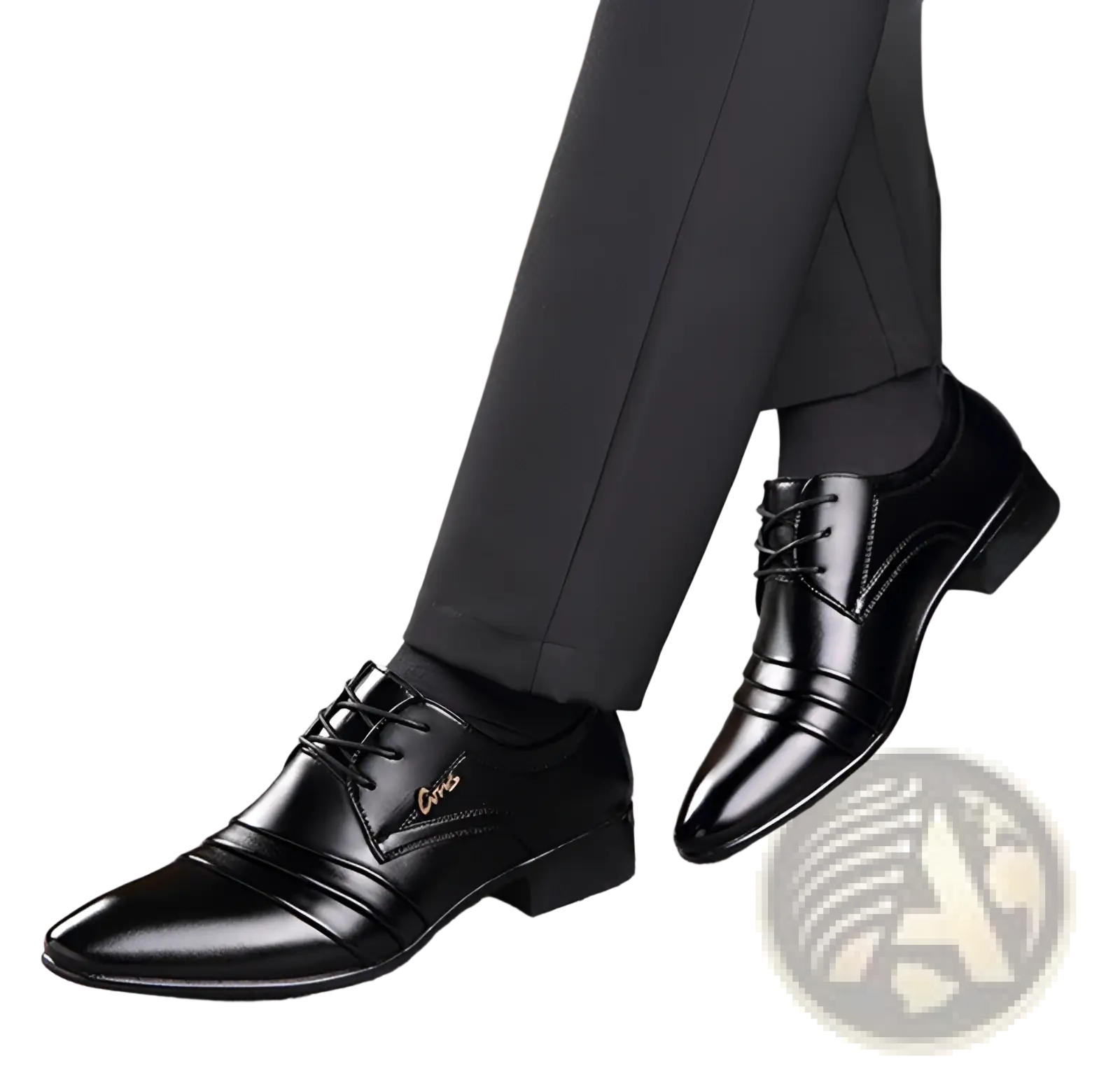 Men’s black leather dress shoes polished lace up flats with a subtle gold brand logo on the side
