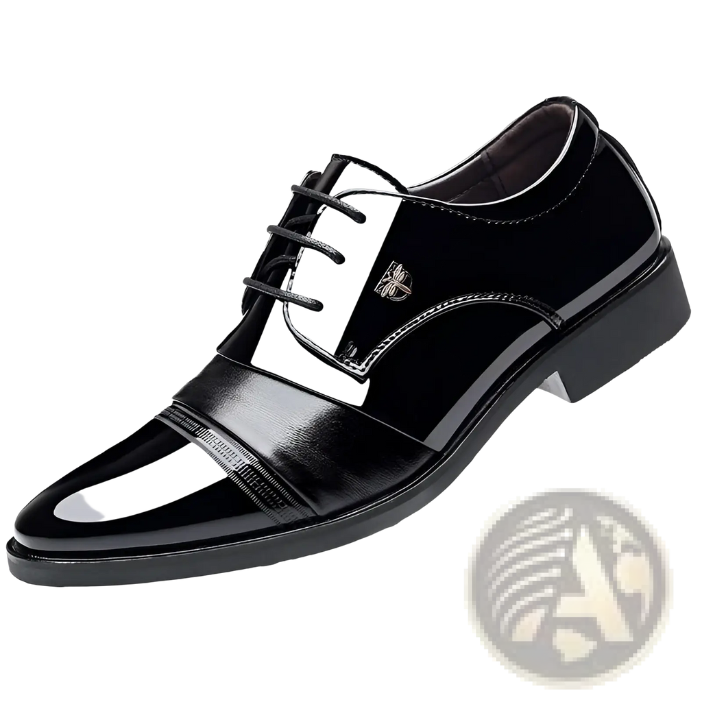Men’s black patent leather dress shoe with glossy finish lace up flats featuring white side stripe and metallic logo