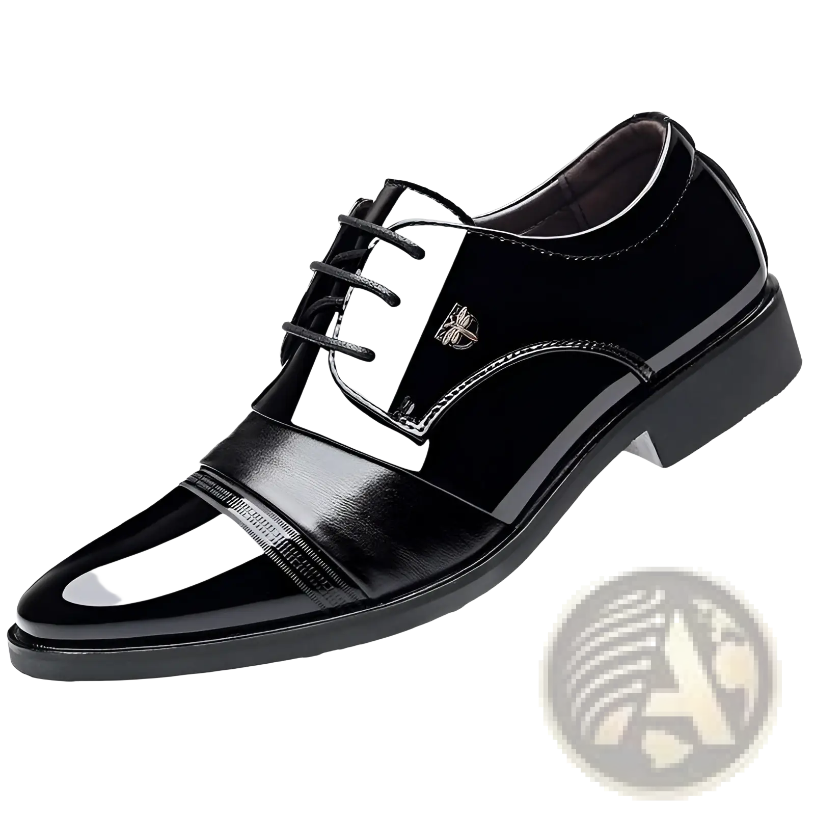Men’s black patent leather dress shoe with glossy finish lace up flats featuring white side stripe and metallic logo