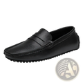 Men’s black leather driving loafers with textured surface stitched detailing and durable rubber soles