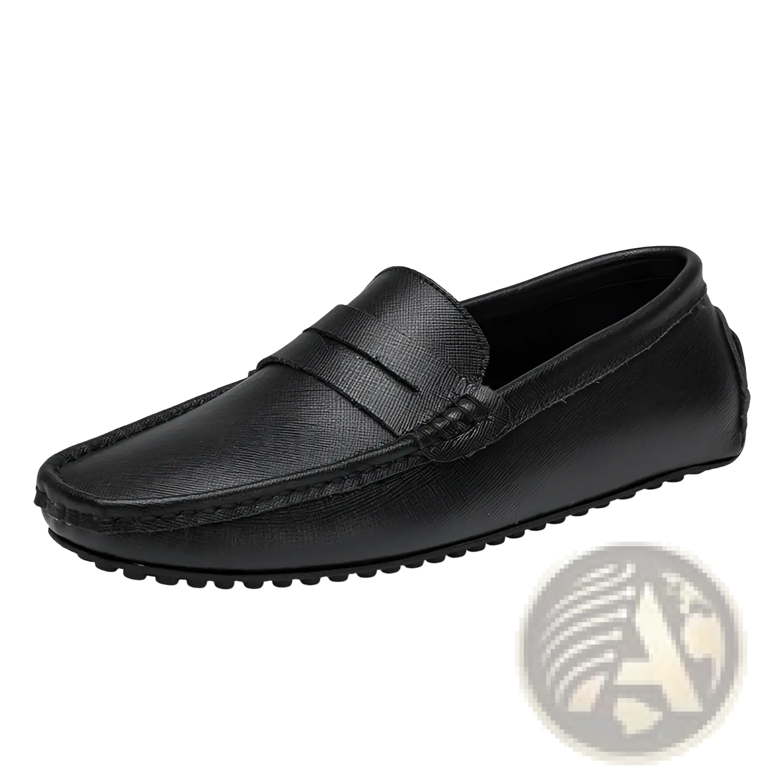 Men’s black leather driving loafers with textured surface stitched detailing and durable rubber soles