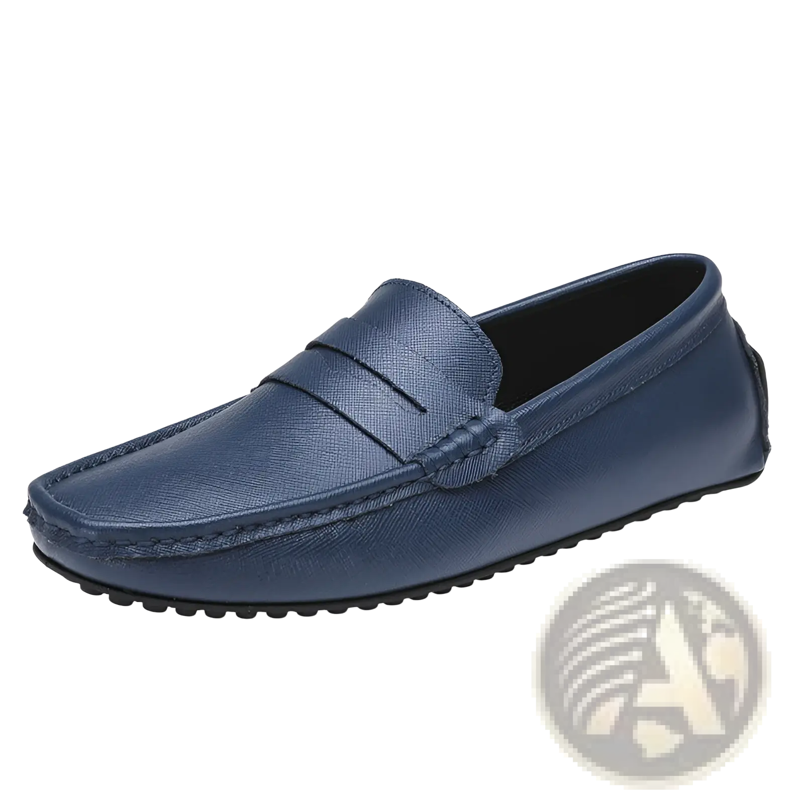 Navy blue leather men’s driving loafer with textured surface and black rubber sole for comfortable wear