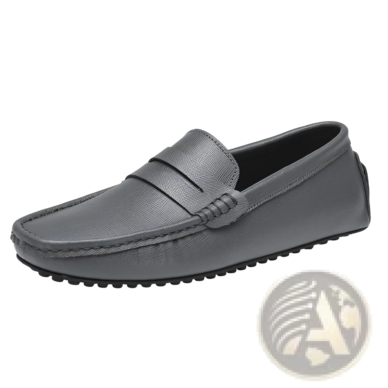 Gray leather men’s driving loafer with textured surface and black rubber sole for enhanced grip and comfort