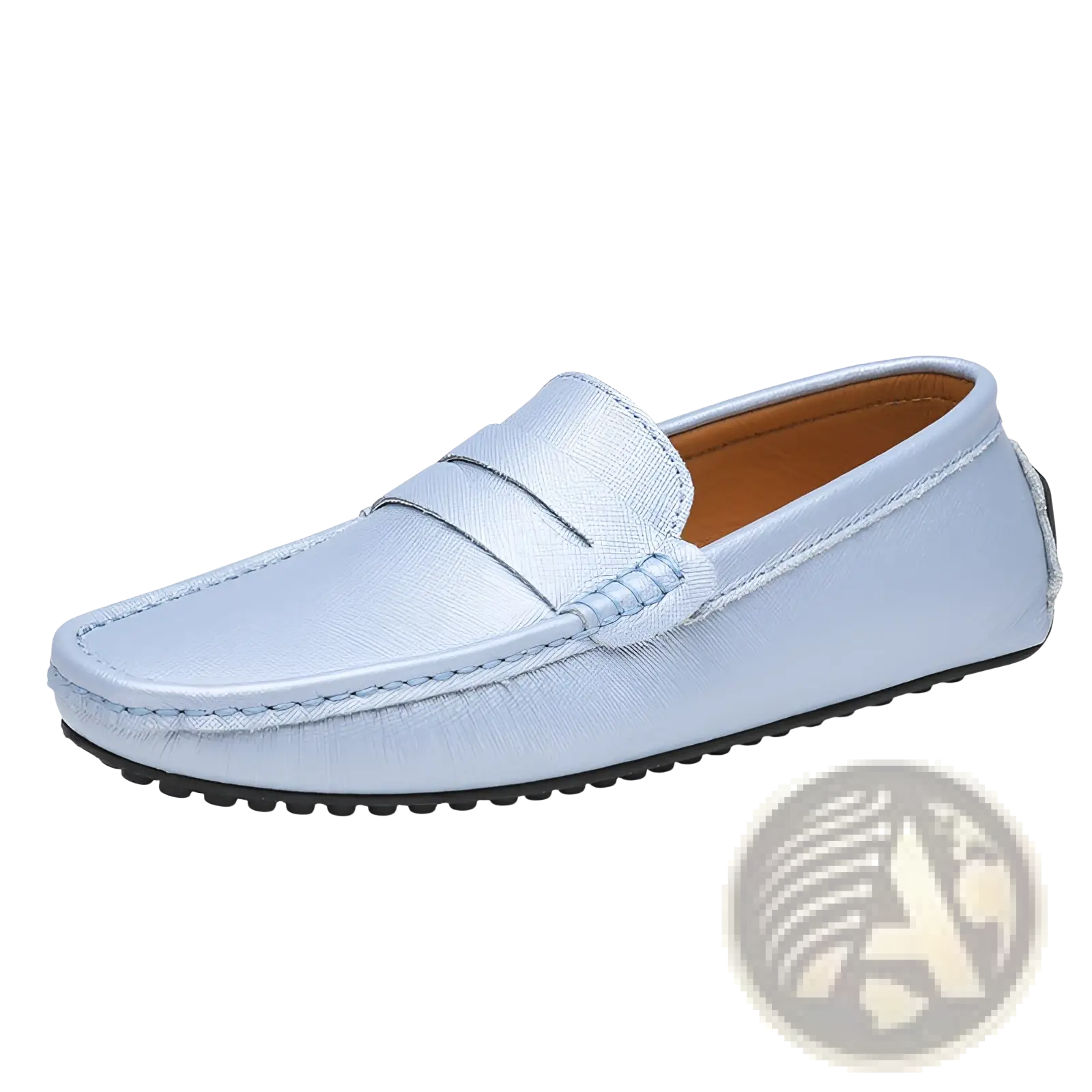 Light blue men’s leather driving loafer with subtle textured finish and contrasting black rubber sole