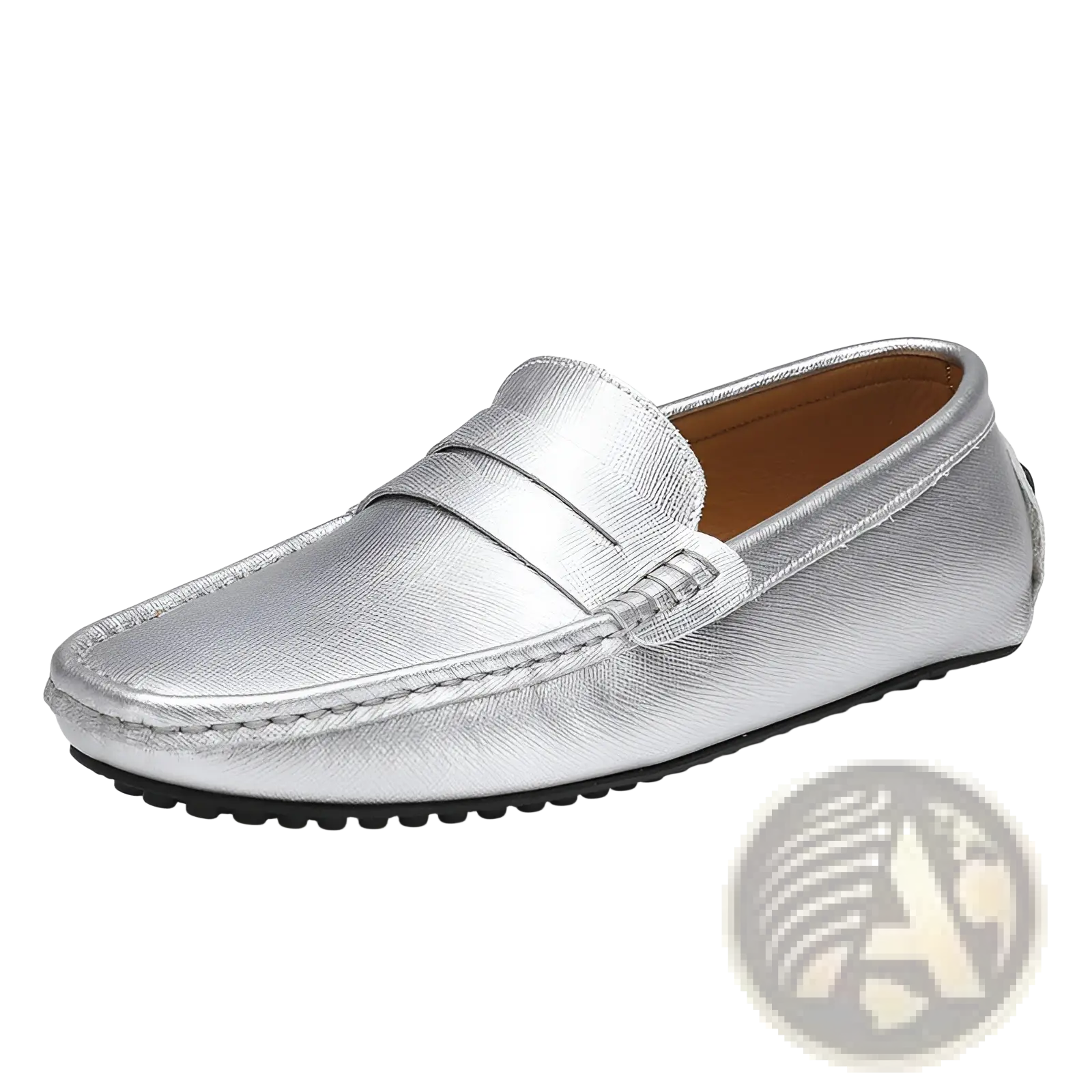 Men’s leather driving loafers in silver metallic leather with classic moccasin design and black rubber sole