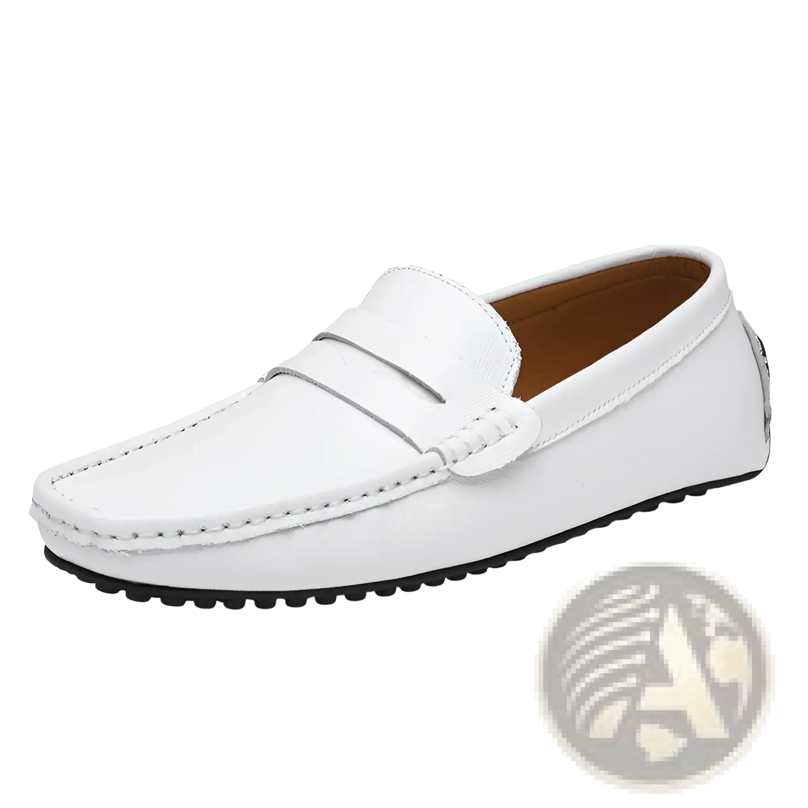 Men’s white leather driving loafers with sleek minimalist design and black rubber soles