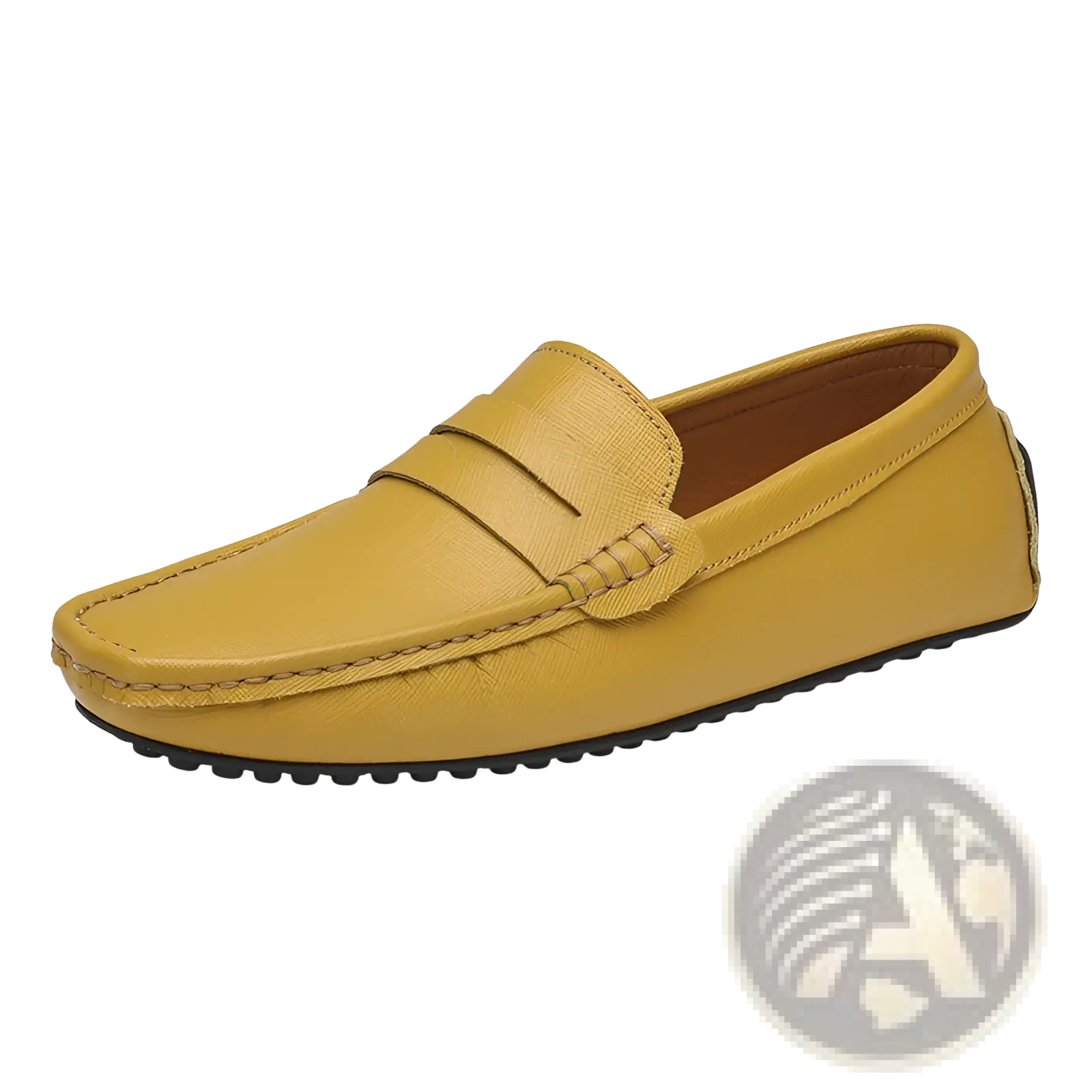 Men’s yellow leather driving loafers with classic moccasin design and black rubber soles shown from the back