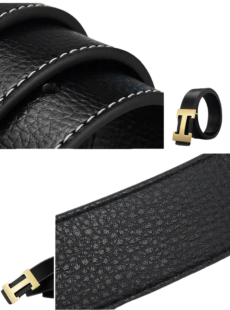 Men’s leather h buckle belt in black with textured surface and contrasting white stitching on oil-treated edge