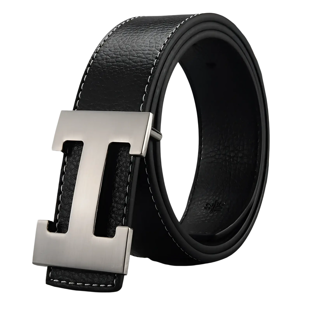 Men’s black leather belt with silver h buckle and white stitching for formal and casual wear
