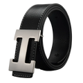 Men’s black leather belt with silver h buckle and white stitching for formal and casual wear