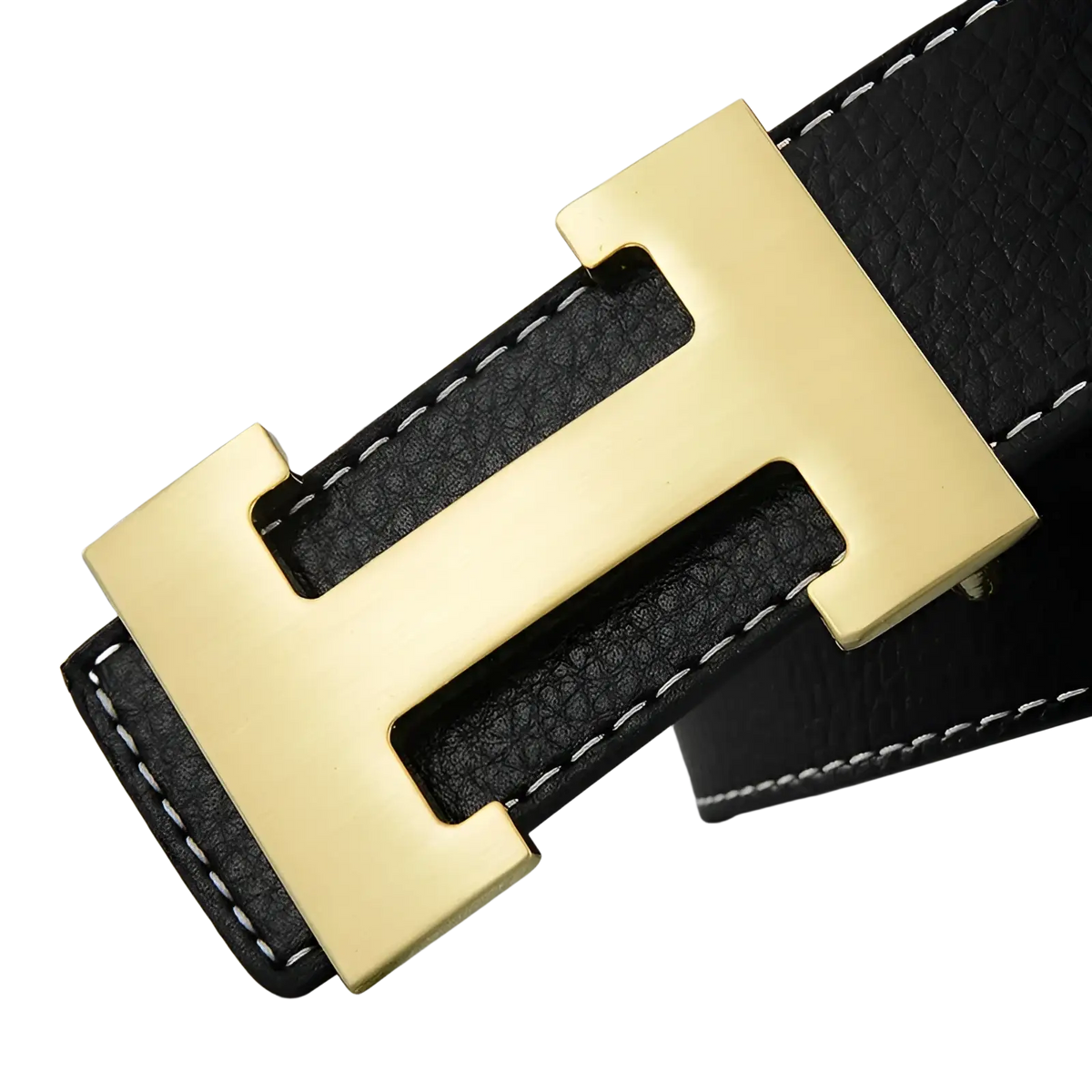Men’s black leather belt with gold tone h shaped buckle and white stitching for formal and casual wear