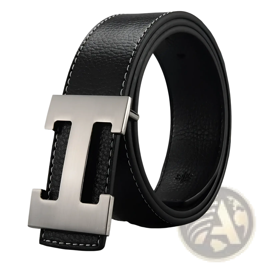 Men’s black leather belt with silver h buckle and white stitching for formal and casual wear