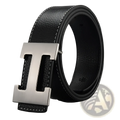 Men’s black leather belt with silver h buckle and white stitching for formal and casual wear
