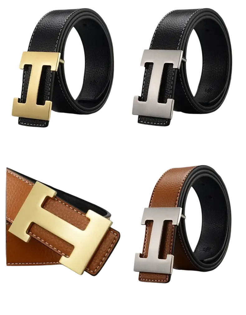 Men’s leather h buckle belt in black or tan leather with gold or silver h-shaped buckle finish