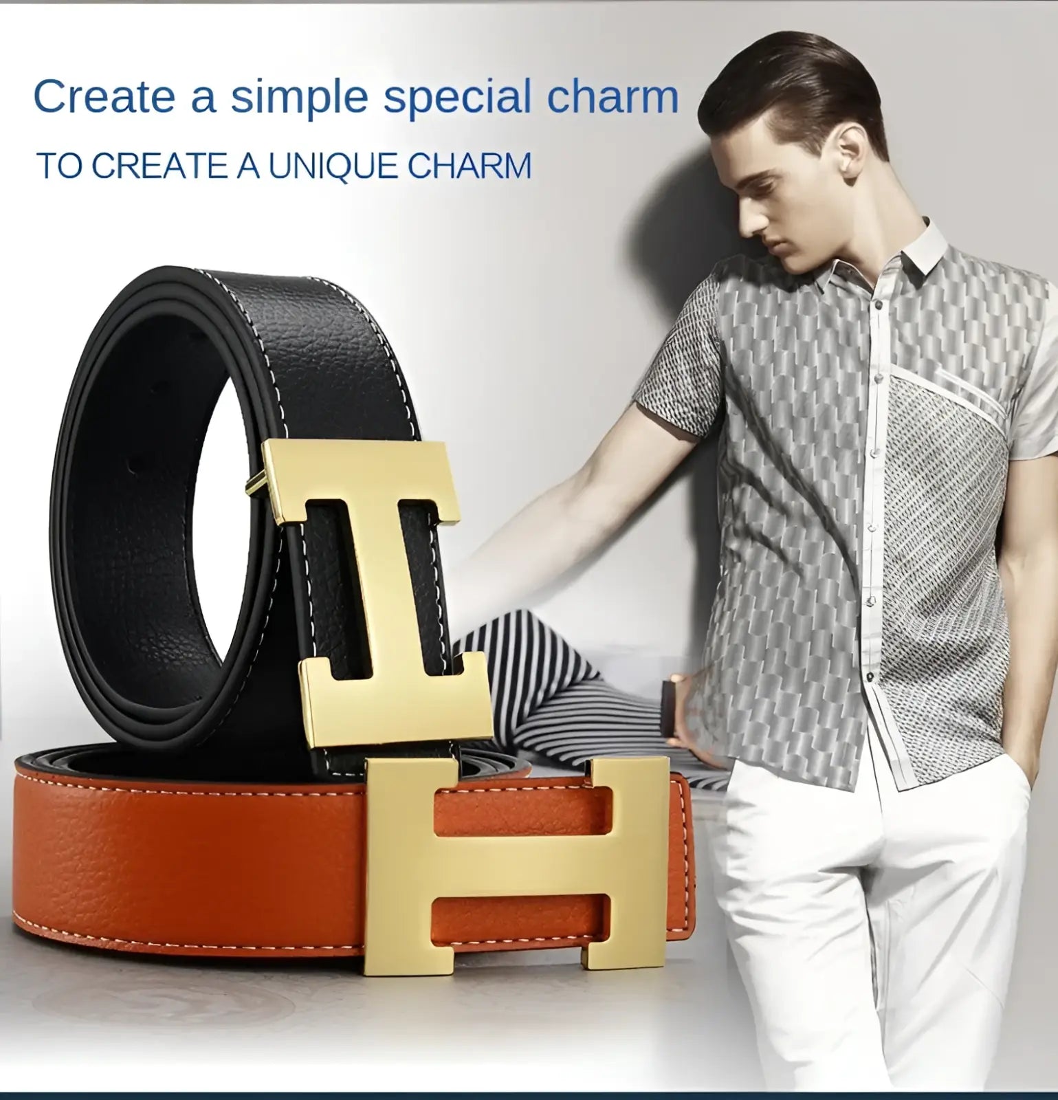 Men’s leather h buckle belt in black and tan leather with gold-tone h shaped buckle in classic luxury design