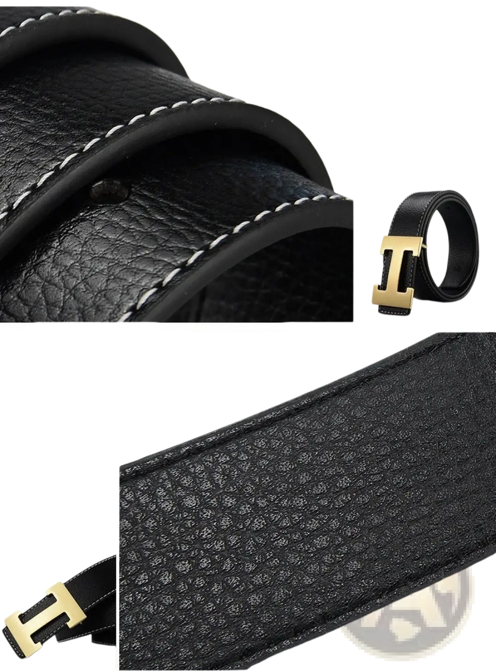 Men’s leather h buckle belt in black with textured surface and contrasting white stitching on oil-treated edge
