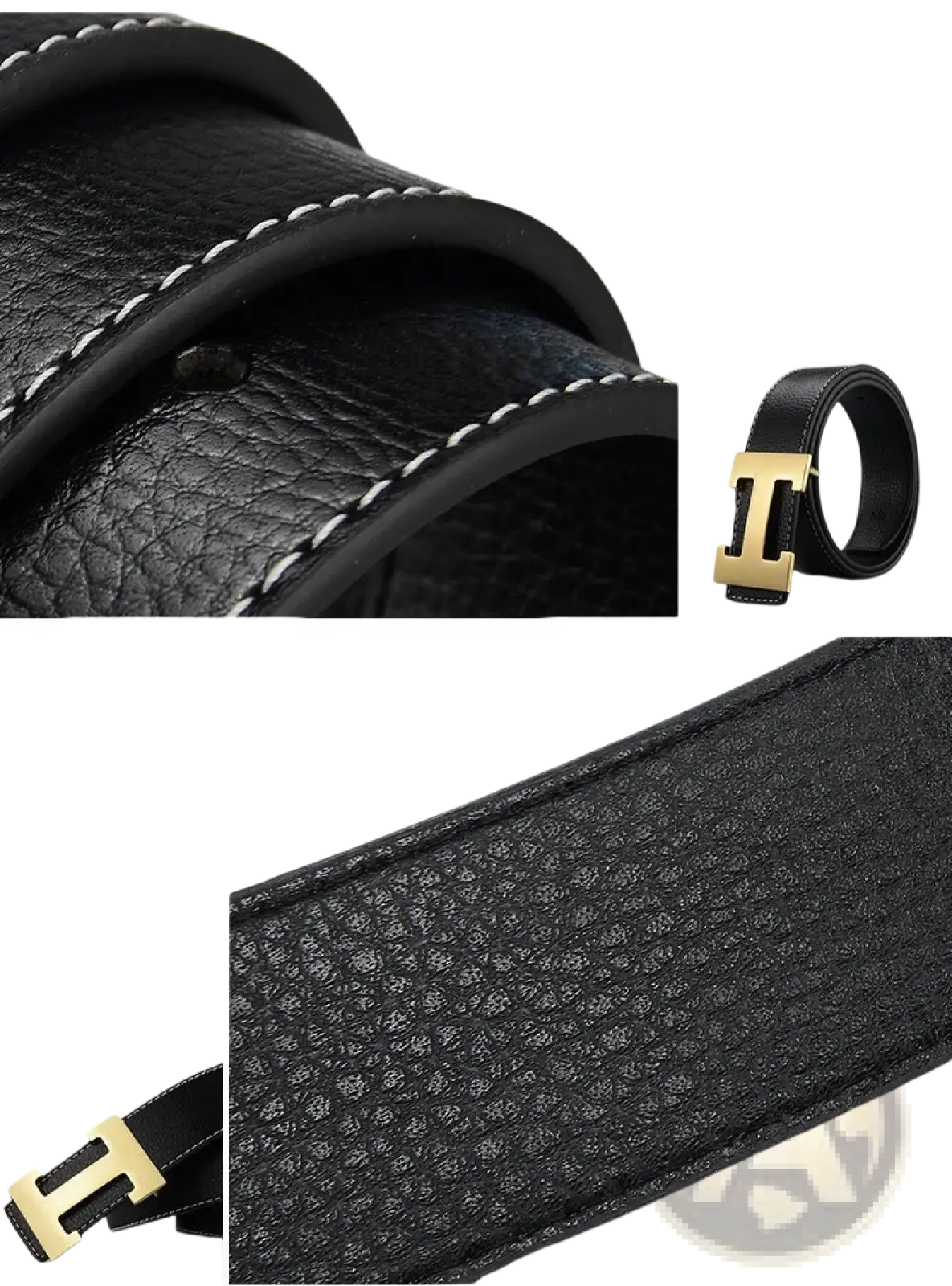 Men’s leather h buckle belt in black with textured surface and contrasting white stitching on oil-treated edge