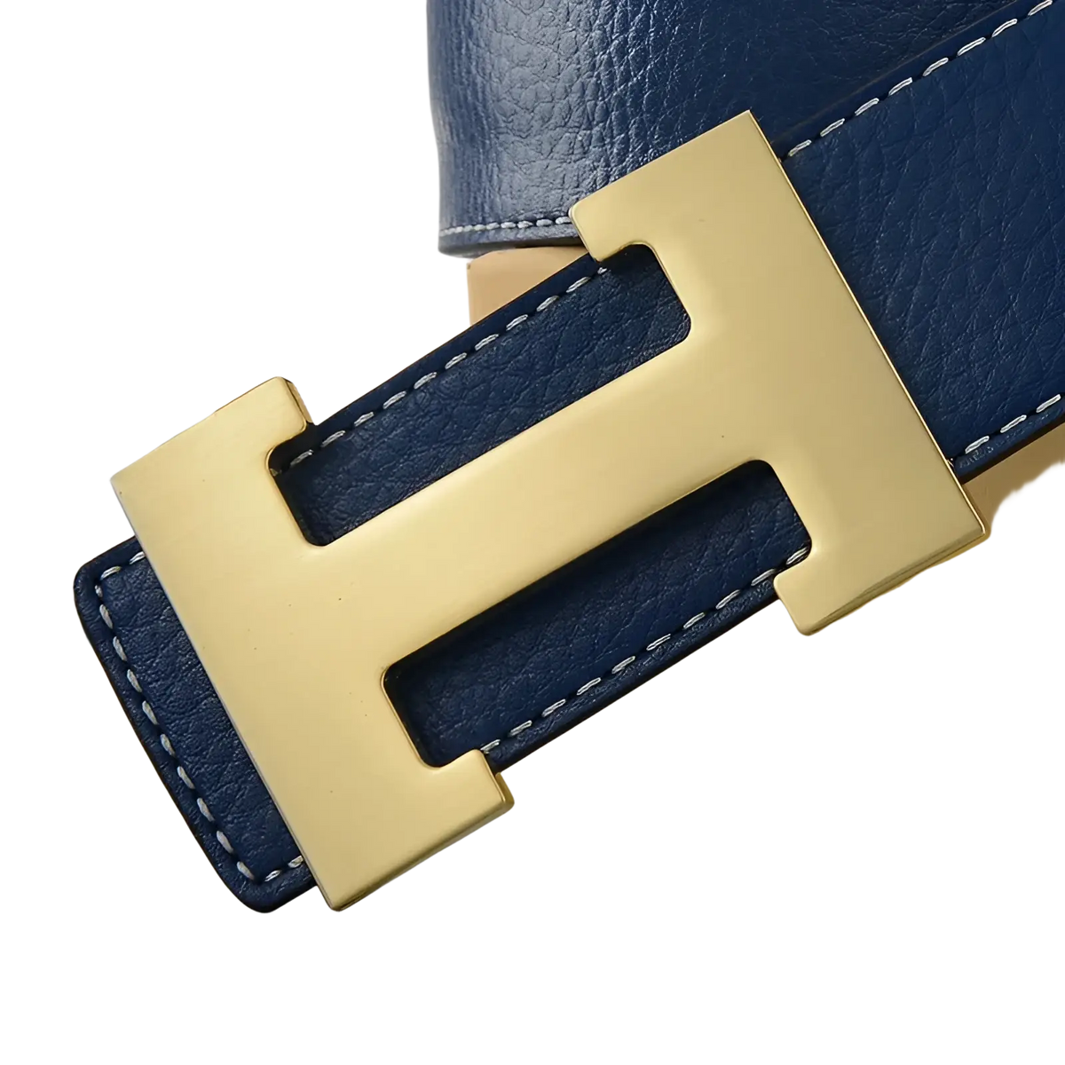 Men’s blue leather h buckle belt featuring a gold tone h shaped buckle and white stitching detail