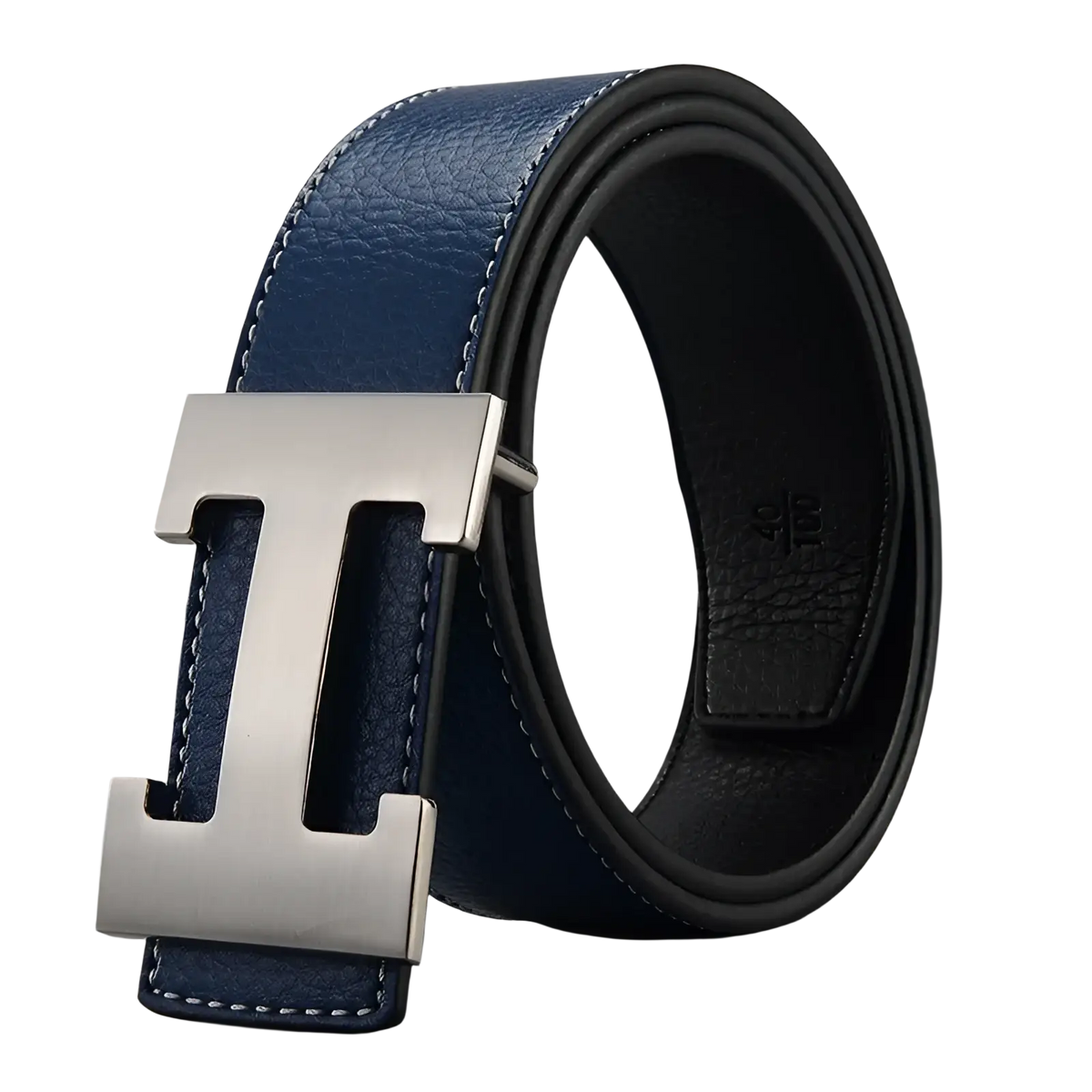 Men’s blue leather h buckle belt with a silver H-shaped metal buckle for formal and casual wear