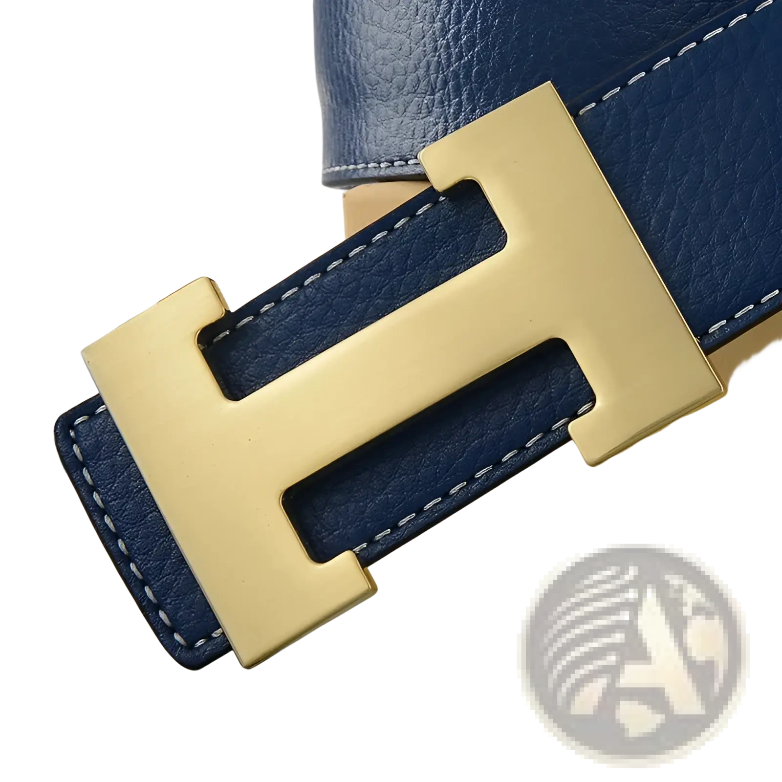 Men’s blue leather h buckle belt featuring a gold tone h shaped buckle and white stitching detail