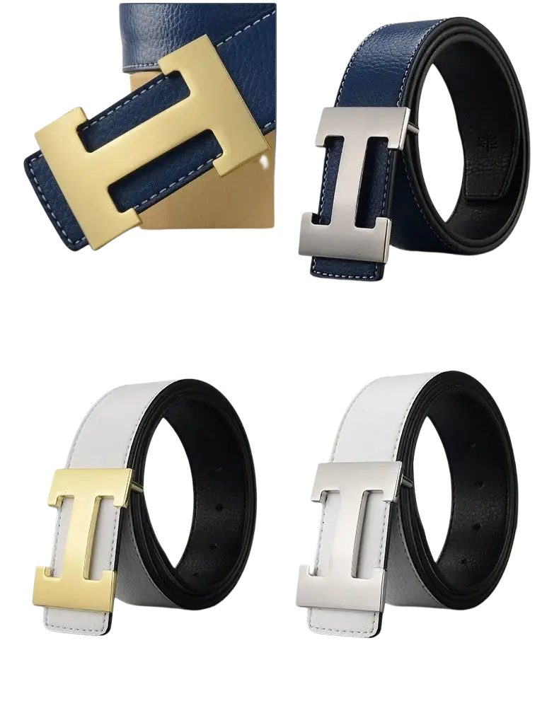 Men’s leather h buckle belt in blue or white with distinctive gold or silver h-shaped metal buckles