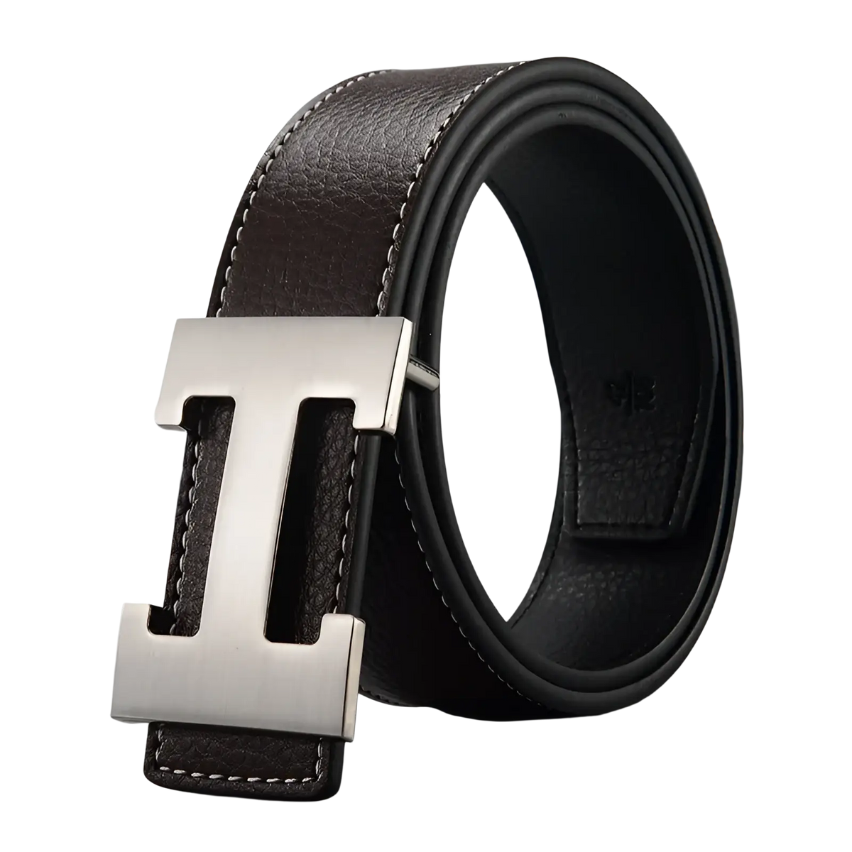 Men’s brown leather belt with silver h buckle and white stitching for a stylish and durable accessory