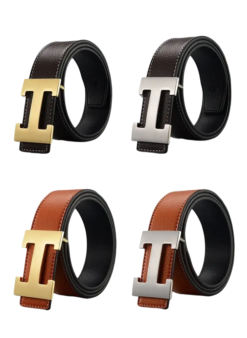 Men’s brown leather belt with a distinctive h-shaped buckle in gold or silver finish for formal wear