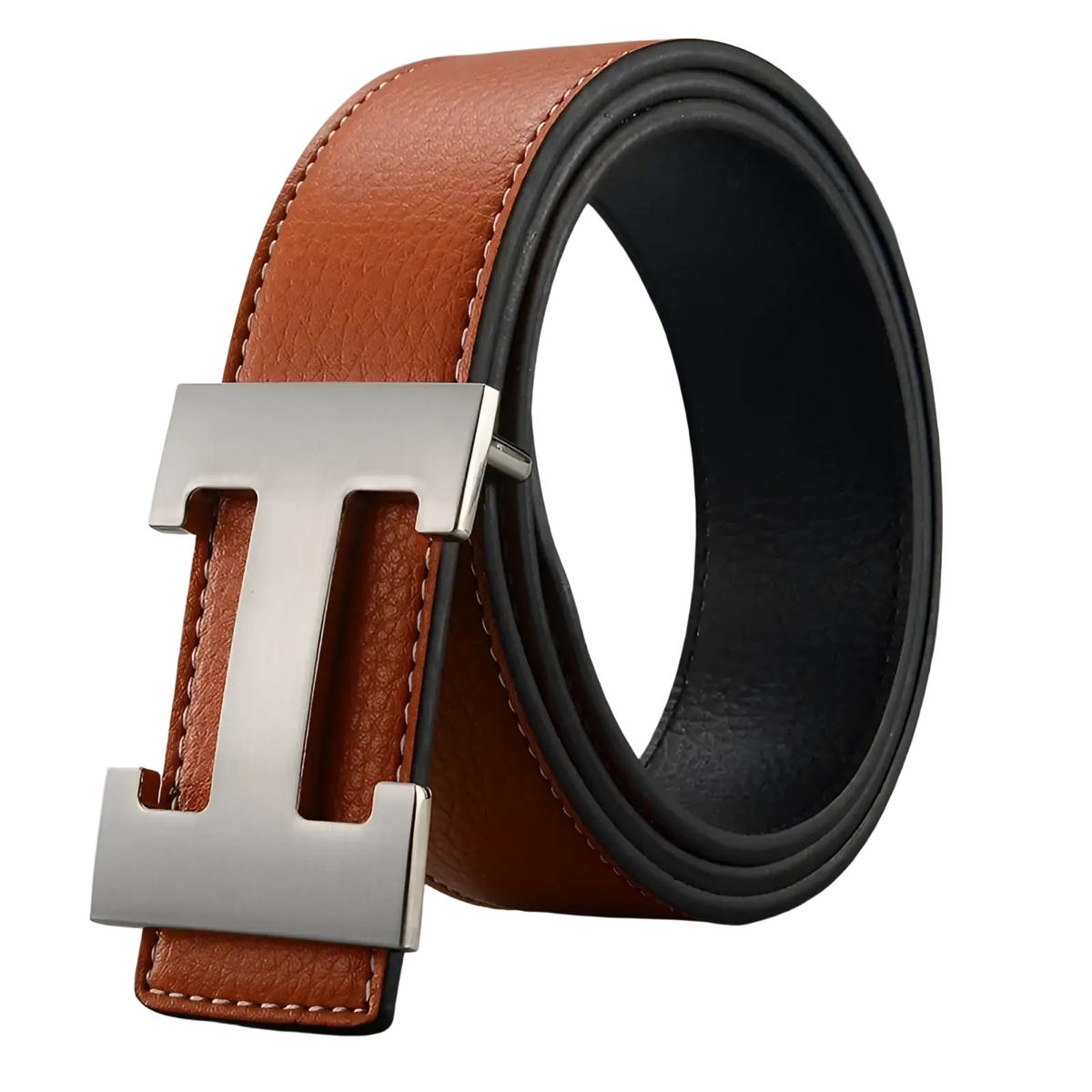 Men’s brown leather belt with a silver-toned h-shaped buckle for formal and casual wear