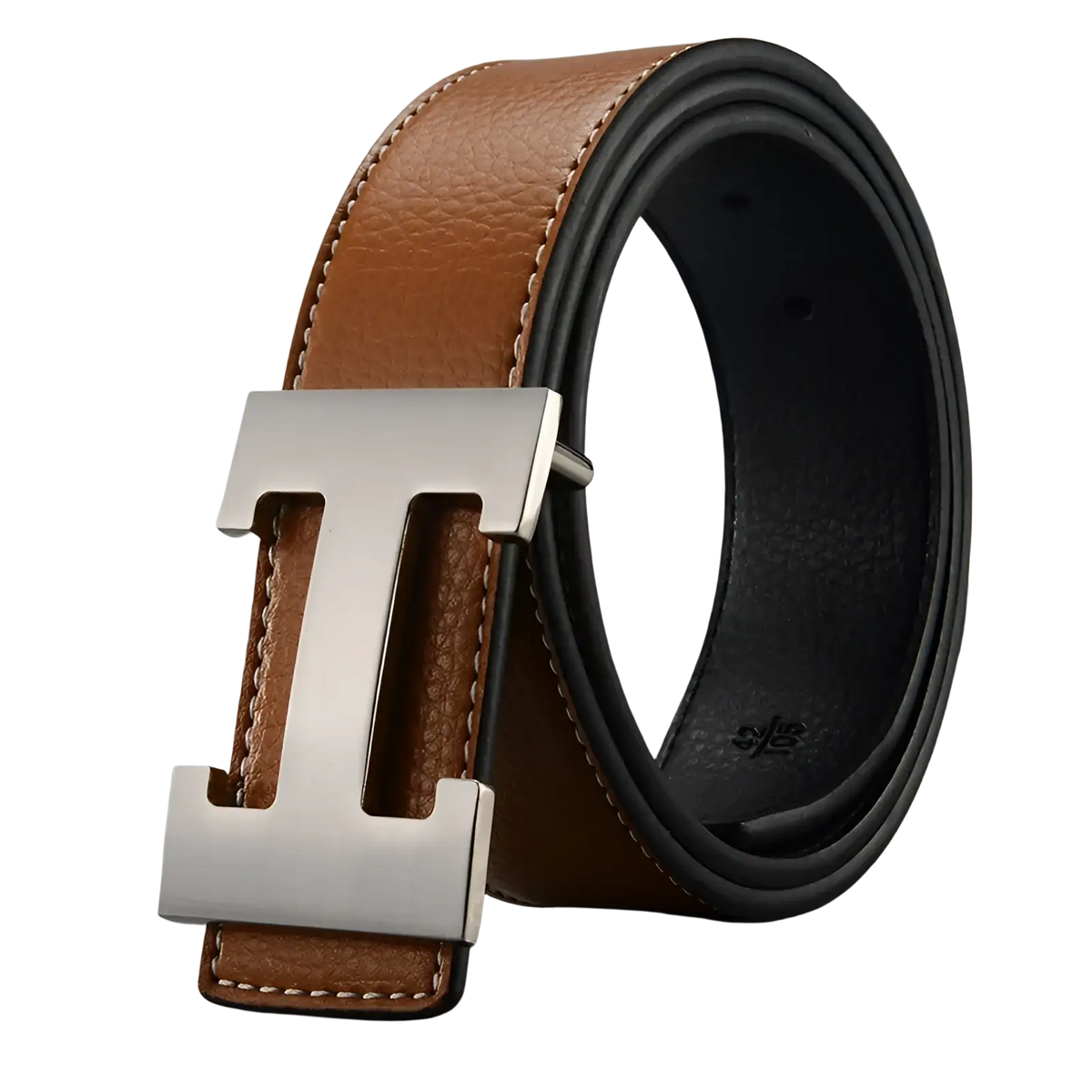 Brown leather men’s belt with silver h buckle made of genuine leather for formal and casual wear