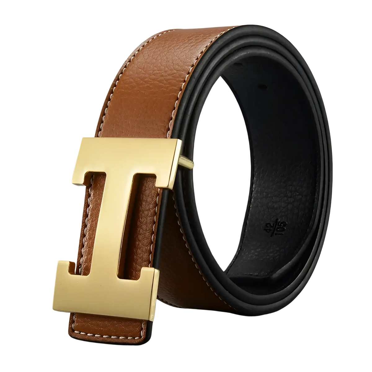Men’s brown leather h buckle belt featuring a gold tone h shaped buckle for a stylish formal look
