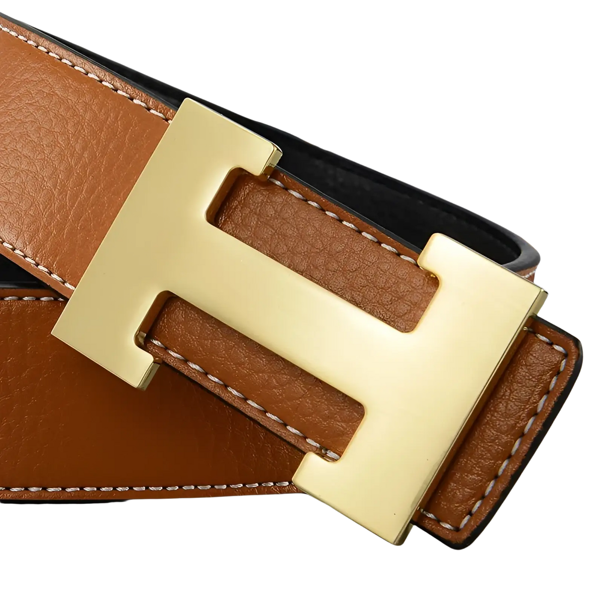 Men’s brown leather h buckle belt with gold-tone h-shaped buckle and contrasting white stitching